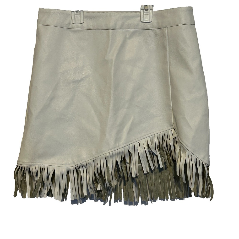 Leather Mini Skirt Fringe Western White Le Lis Faux Cowgirl Luxe Swifty Sz M New